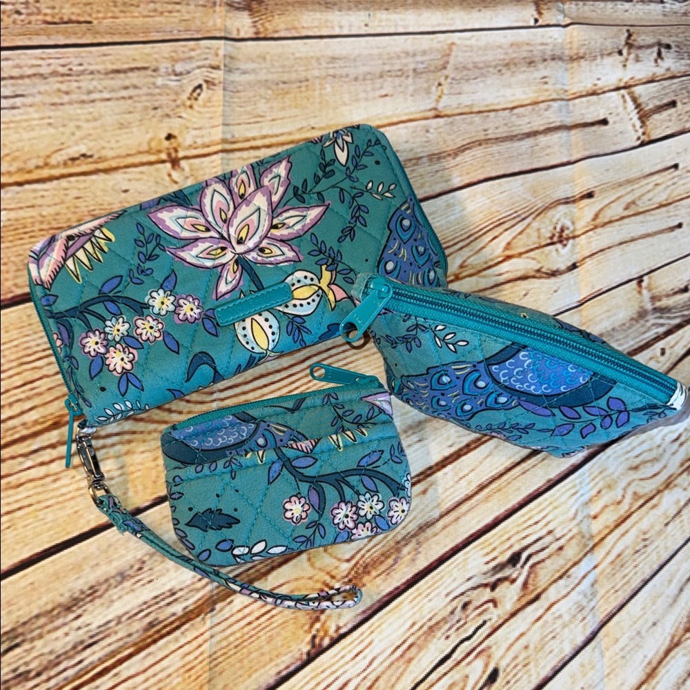 Vera Bradley Blue/Green Peacock Wallet, Zip Pouch & Coin Purse Trio